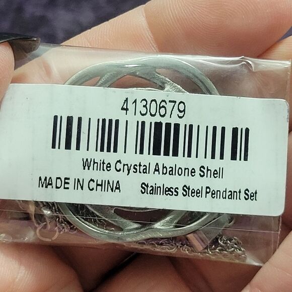 Abalone Shell and White Austrian Crystal Curvy Round Pendant Necklace - Picture 8 of 13